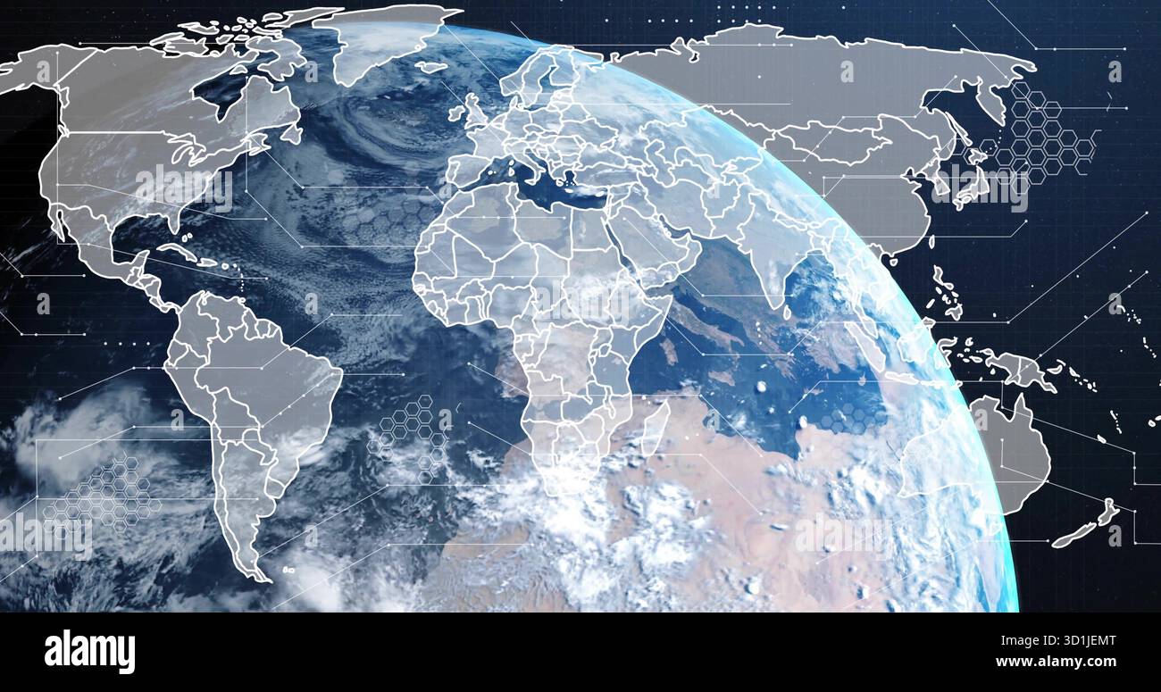 Displaying stylized Earth globe rotating in outer space, with border overlays and data nodes Stock Photo