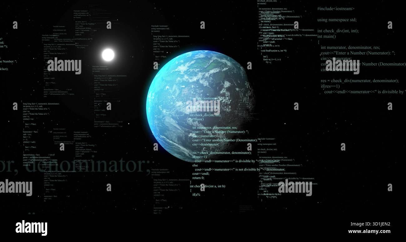 Rotating planet Earth spinning in outer space, floating C++ code ...