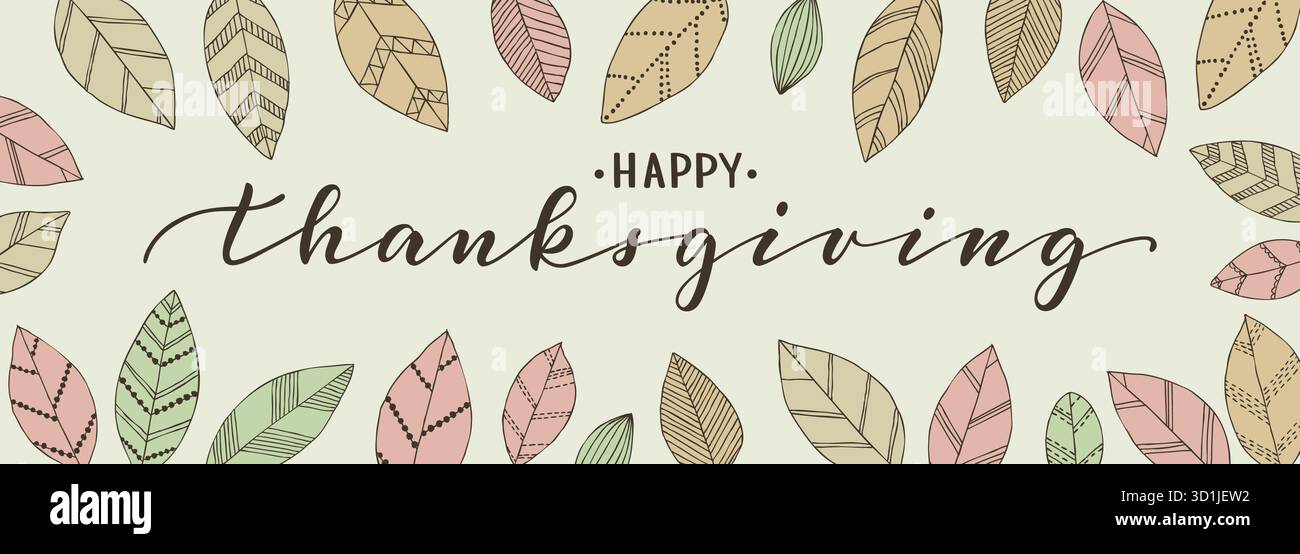 happy thanksgiving brush pen lettering. Hand draw doodle linear leaves ...