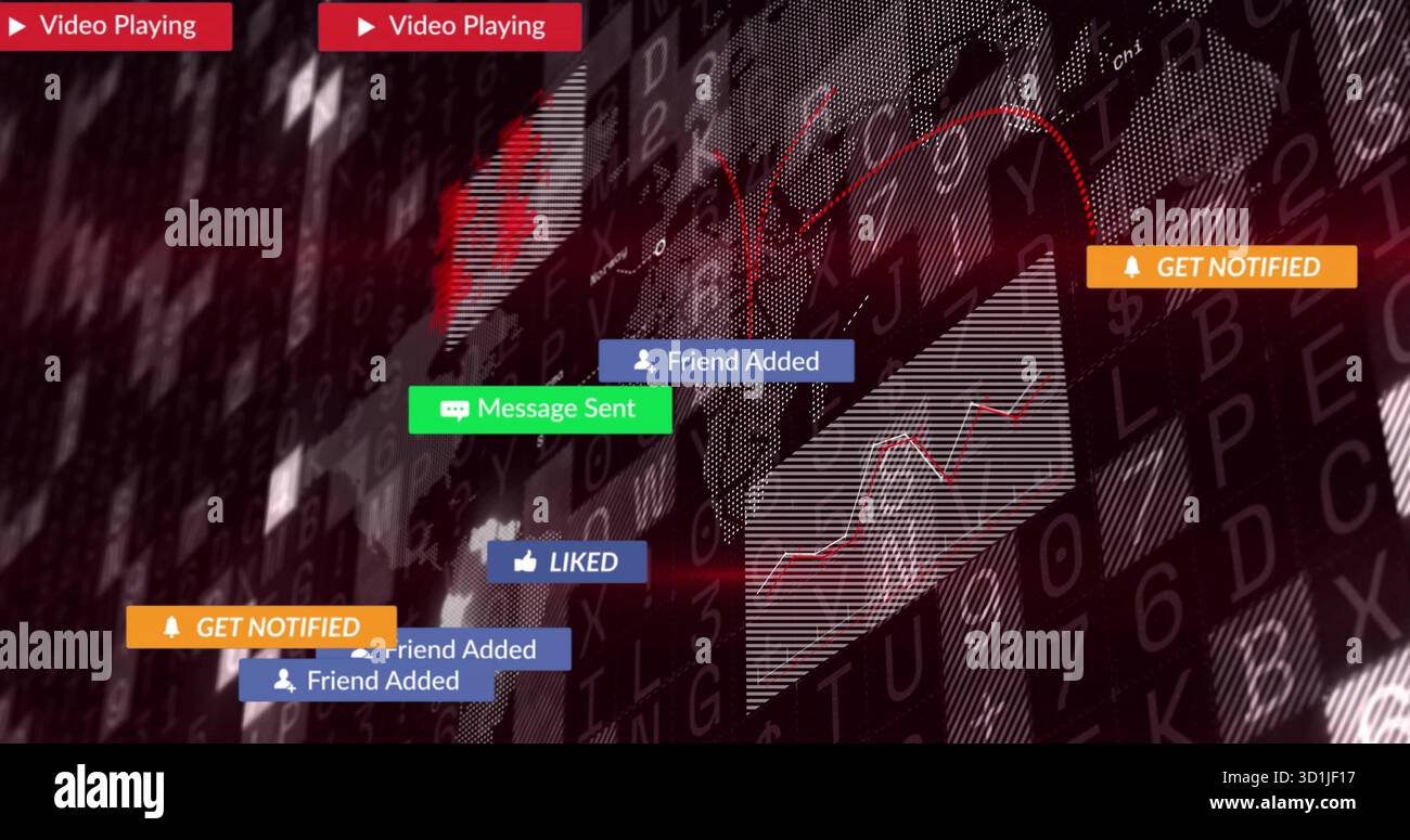 Displaying social media notifications cluster floating over dashboard, with world map and code Stock Photo