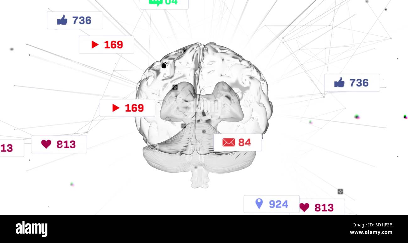 Floating translucent 3D brain connecting notification icons on white background, network graph Stock Photo