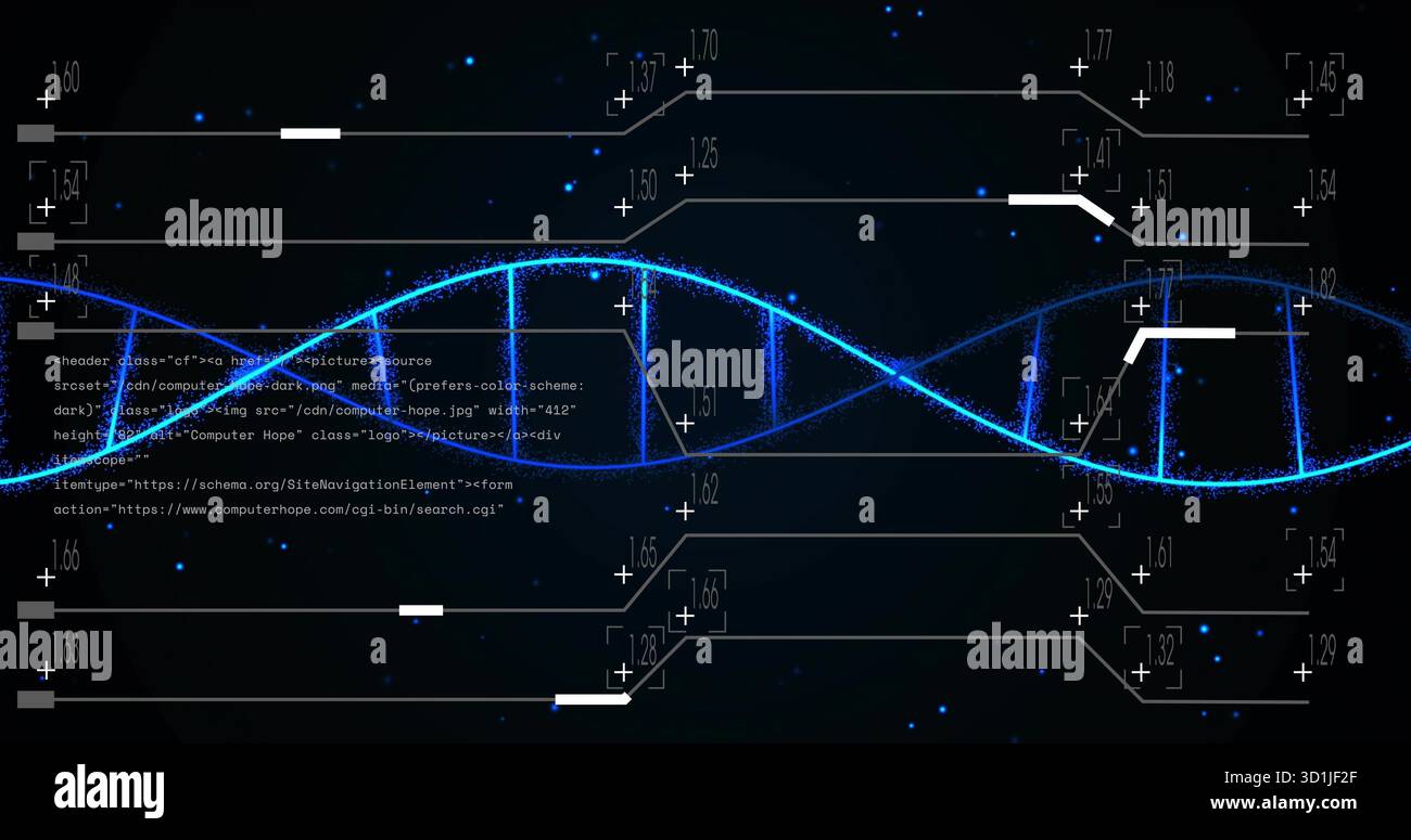 Hovering glowing DNA double helix in virtual space, with numeric callouts and code fragments Stock Photo