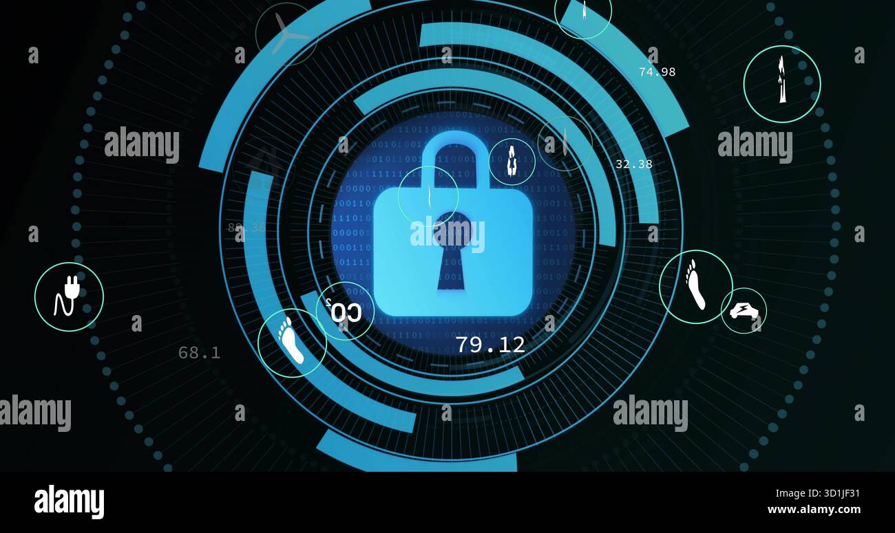 Displaying security HUD featuring blue padlock icon centered dashboard, with binary code callouts Stock Photo