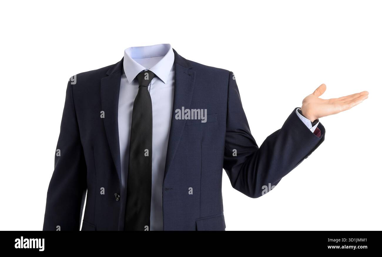 Businessman with no head showing something on white background Stock ...