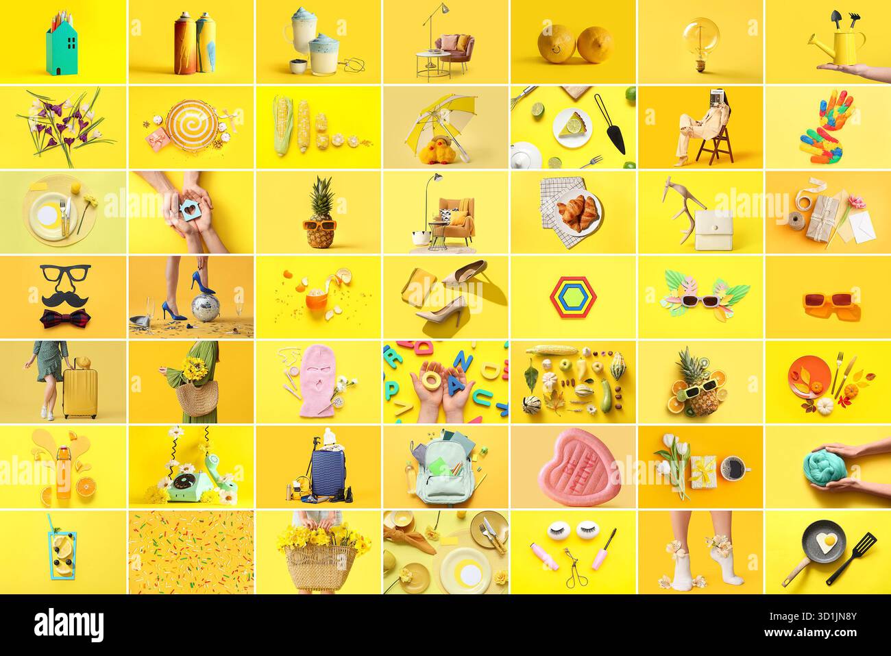 Big collection of different people and items on yellow background Stock Photo