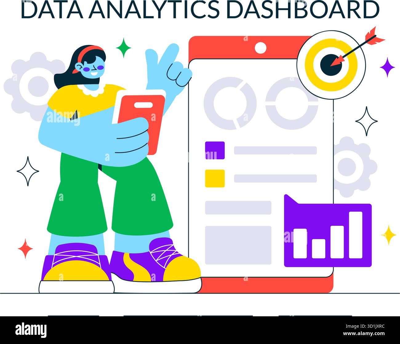 Data Analytics Dashboard Illustration Featuring Marketing Analytics With Performance Graphs, Conversion Metrics, And Charts In A Flat Background Stock Vector