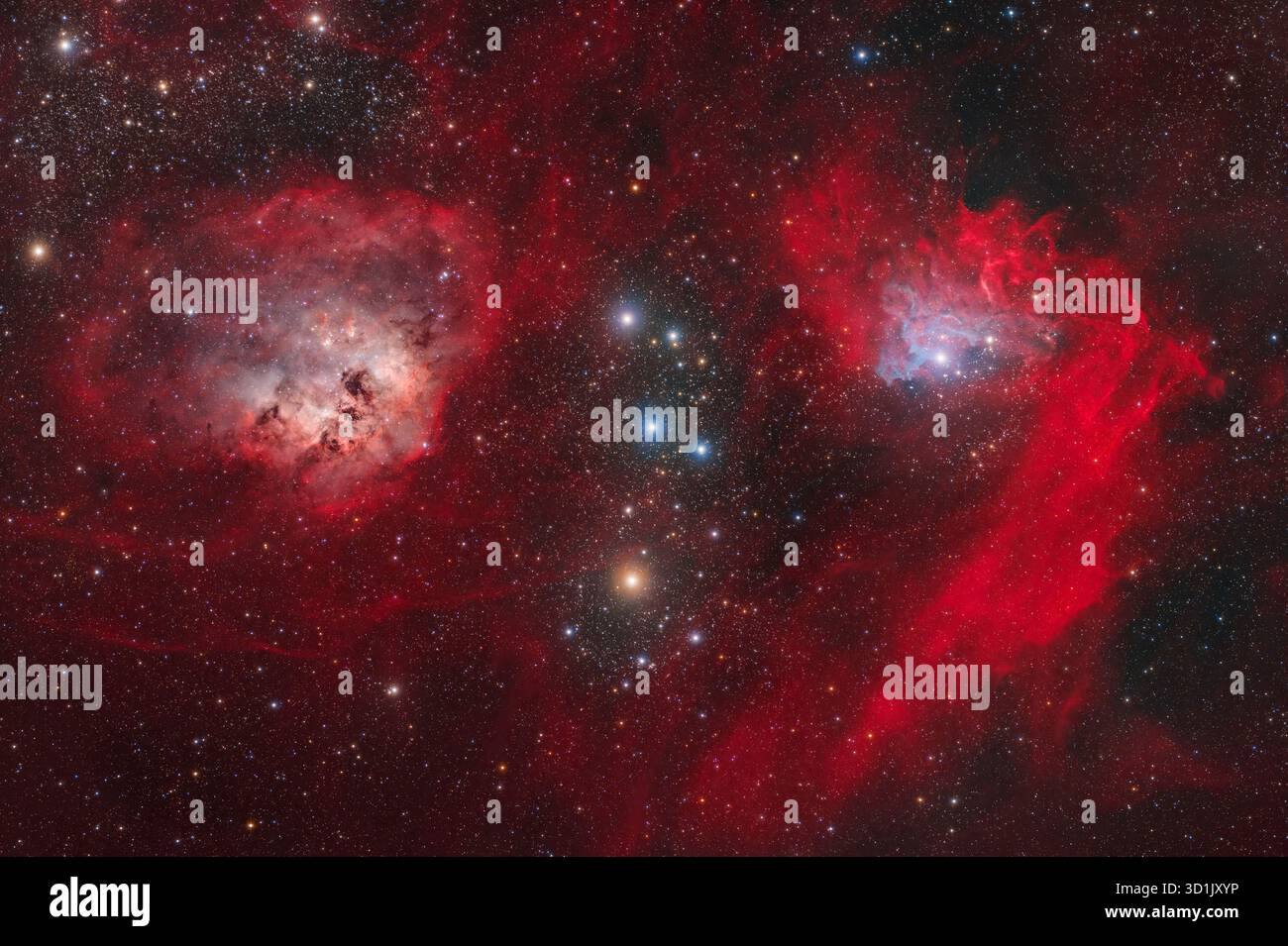 Deep sky wide-field image depicts two prominent emission nebula complexes in the constellation Auriga. Stock Photo
