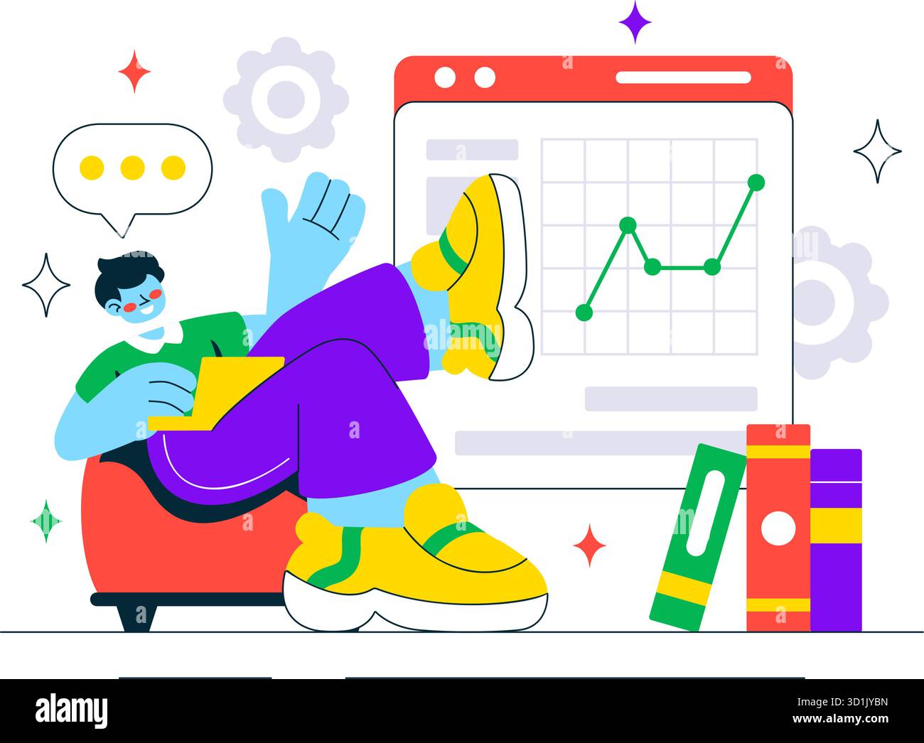Data Analytics Dashboard Illustration Featuring Marketing Analytics With Performance Graphs, Conversion Metrics, And Charts In A Flat Background Stock Vector