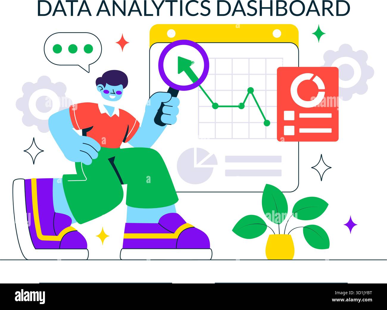 Data Analytics Dashboard Illustration Featuring Marketing Analytics With Performance Graphs, Conversion Metrics, And Charts In A Flat Background Stock Vector