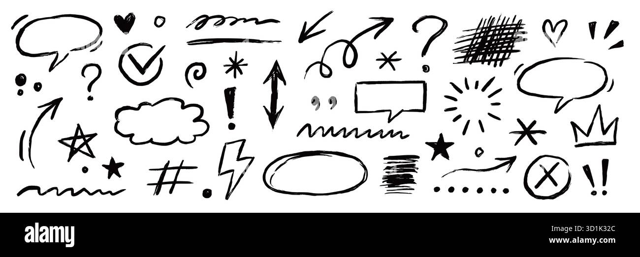 Line arrow, frame, underline sketch elements set. Hand drawn crayon ...
