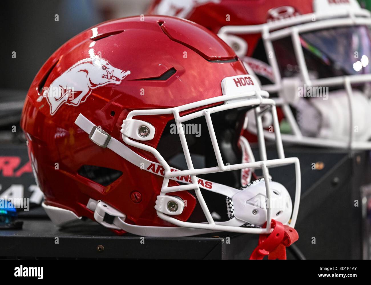 KNOXVILLE, TN - OCTOBER 11: Arkansas Razorbacks helmet sits on the ...