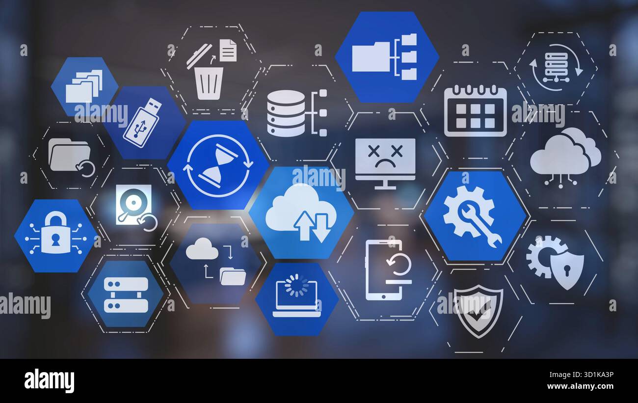 Cloud backup system connects devices through a secure data backup network. Data backup ensures protection, data backup reliability, and recovery. Gist Stock Photo