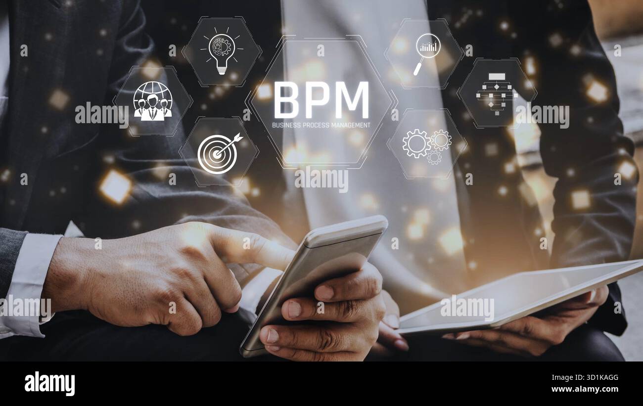 Business Process Management concept showing workflow analysis, process optimization, team collaboration, automation, and performance improvement Stock Photo
