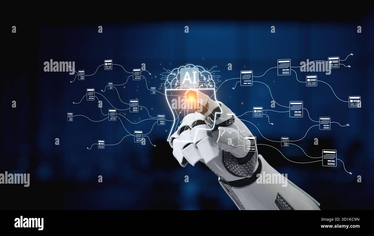 A futuristic robot hand engages with an artificial intelligence ...