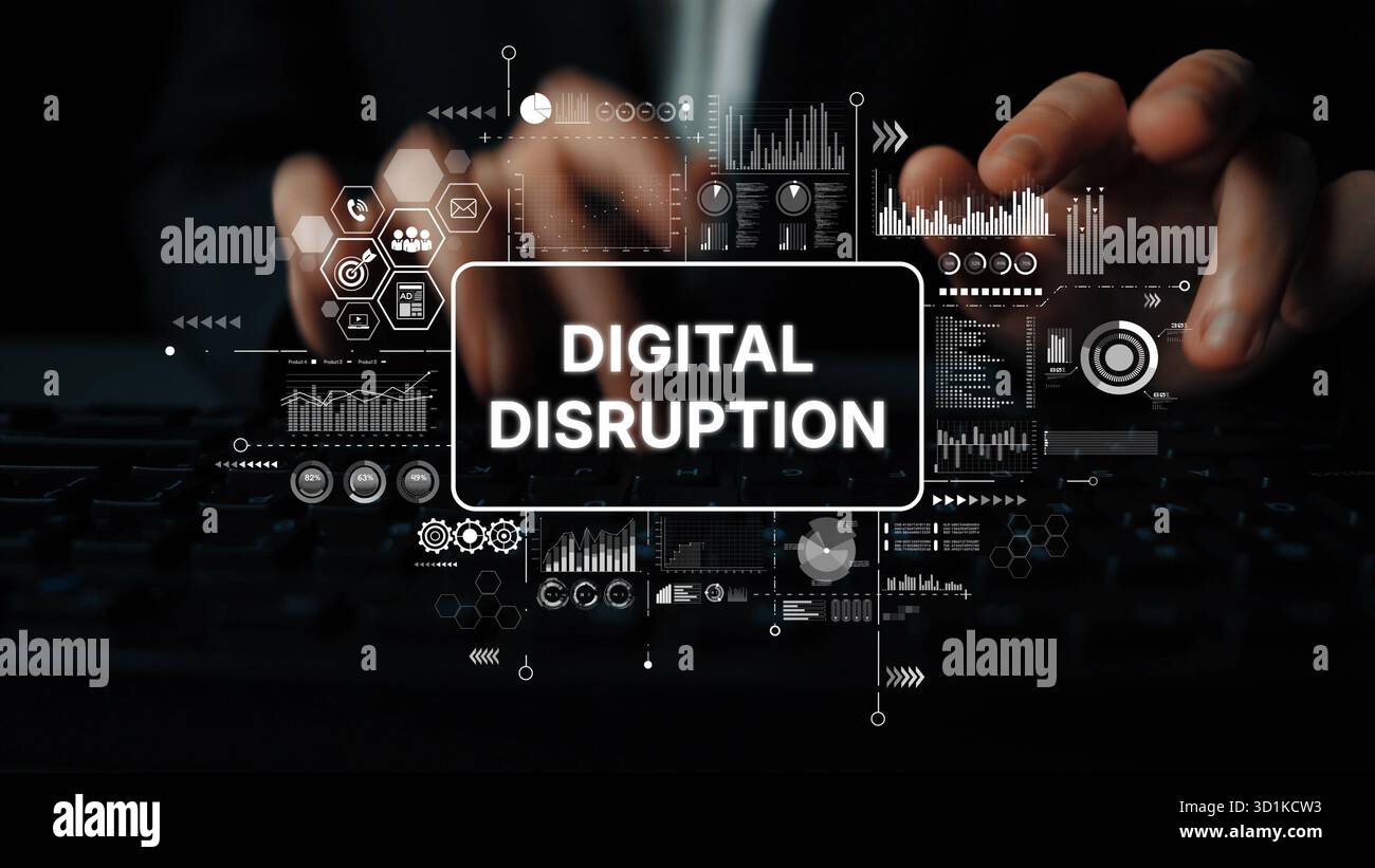 Digital Transformation Concept with Hands on Keyboard and Futuristic Data Visualization Elements in Background. Asymptotic smart data analytic. Stock Photo