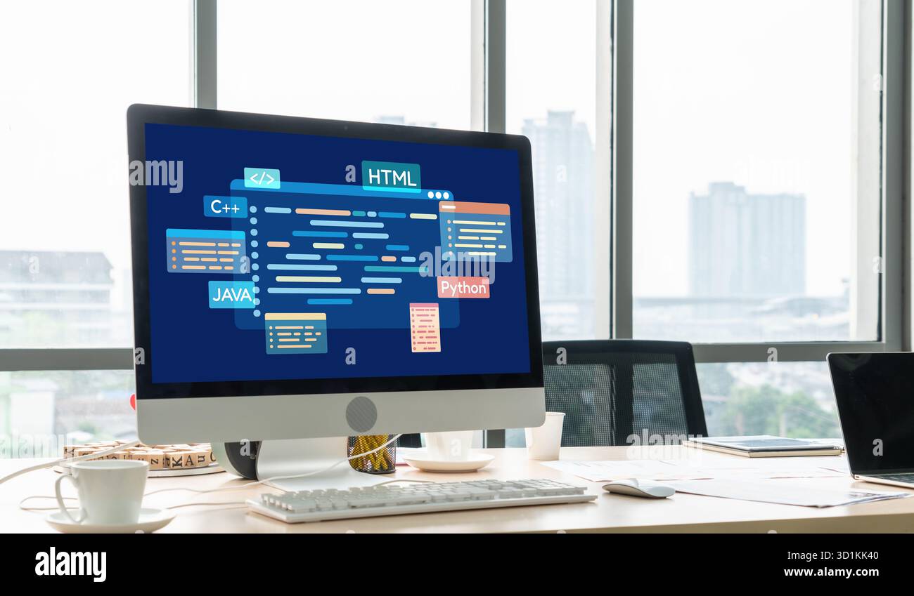 Software development or programming work with coding screen of various programming languages like HTML, , , and C brisk for new application Stock Photo