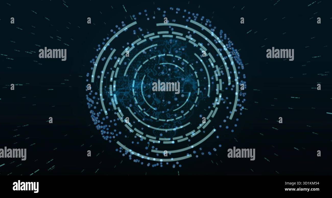 Displaying central holographic rings within virtual UI with segments data nodes and network lines Stock Photo