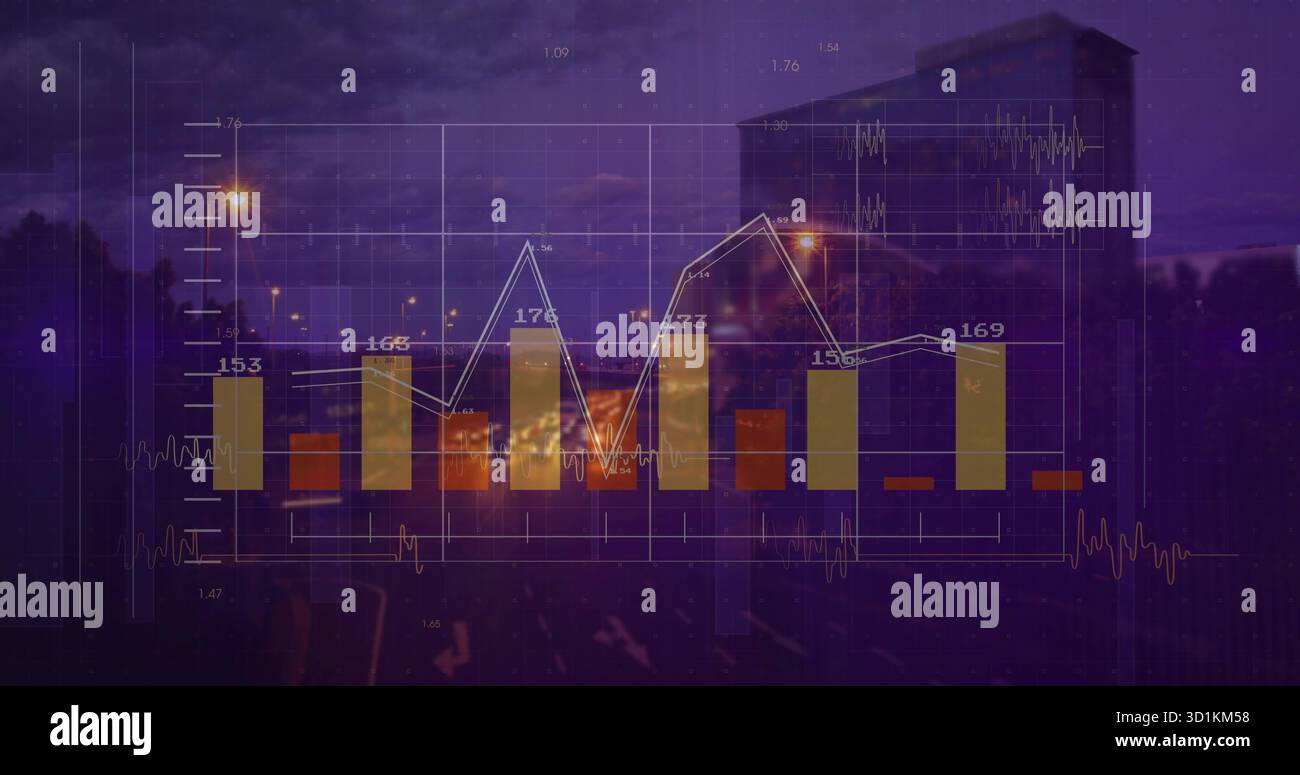Displaying financial data overlaying street at dusk, featuring bar ...