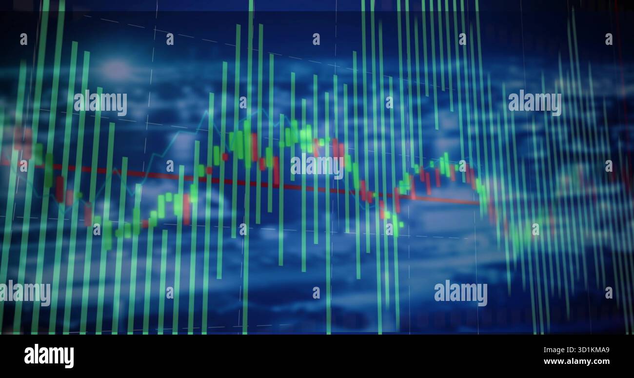 Displaying data visualization on screen, with green bars, red-and-green line and grid overlay Stock Photo