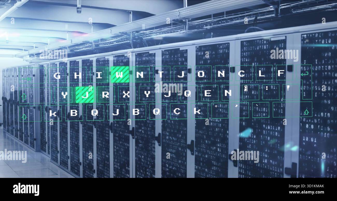 Showcasing server racks lining data center corridor, with keyboard keys and binary digits overlay Stock Photo