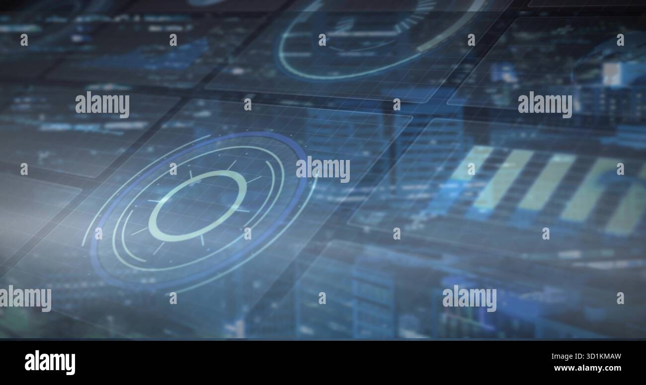 Displaying holographic interface above skyline at night, showing circular indicators and bar charts Stock Photo