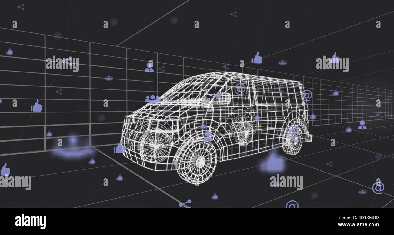 Displaying white wireframe van model over grid lines in 3D space, with floating social media icons Stock Photo