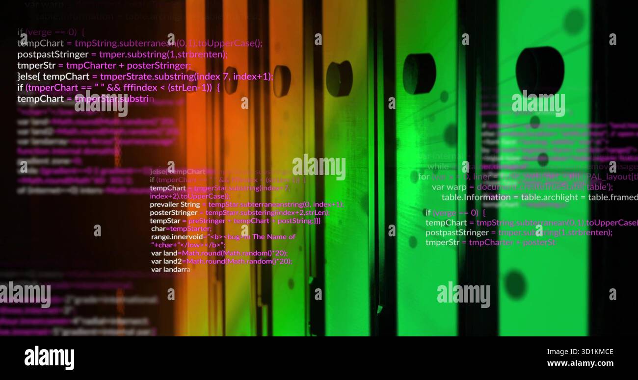 Bathing server rack units glowing in dark server room, colored LEDs showing overlaid code lines Stock Photo