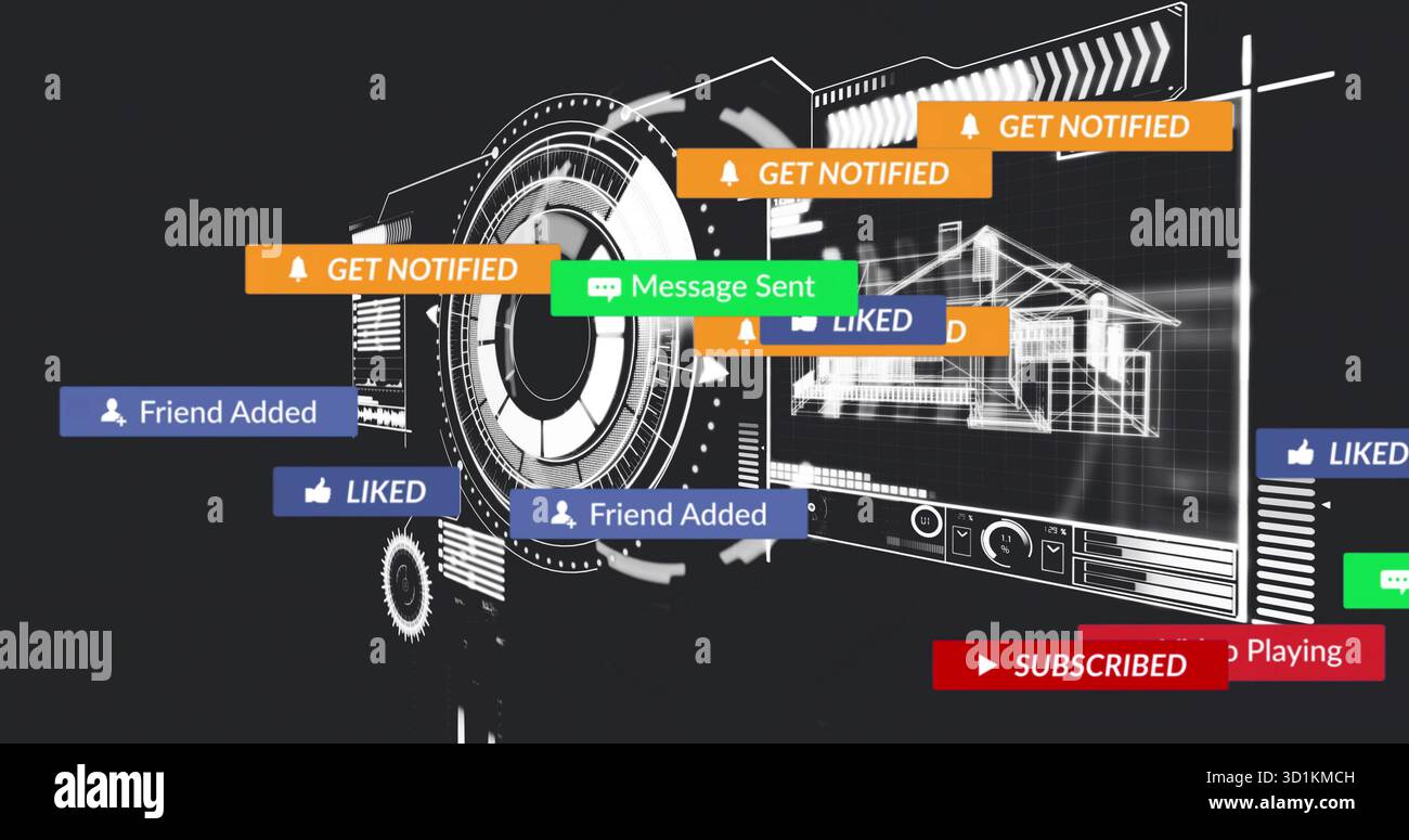 Rotating central HUD displaying notification banners in interface, with wireframe house blueprint Stock Photo