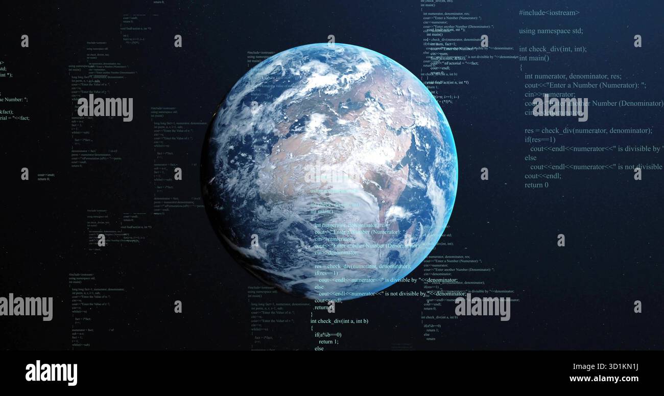 Floating digital Earth globe rotating in dark space, streaming programming code snippets Stock Photo