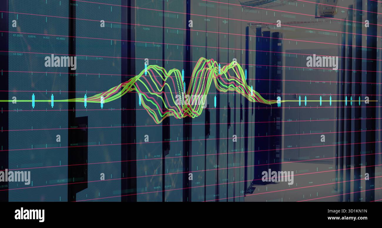 Displaying colored waveform overlay across data center corridor, glass-fronted server cabinets Stock Photo