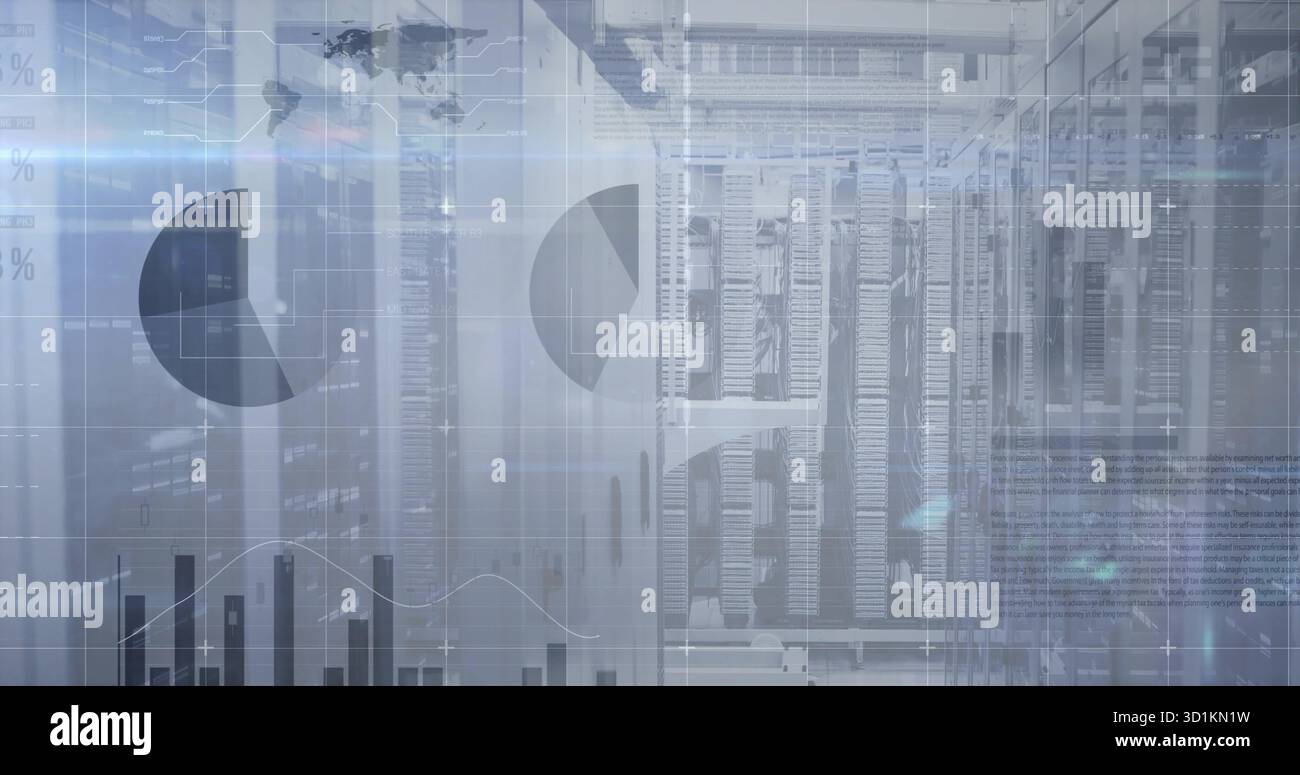 Displaying central server racks operating in data center, with Ethernet cables and LED indicators Stock Photo