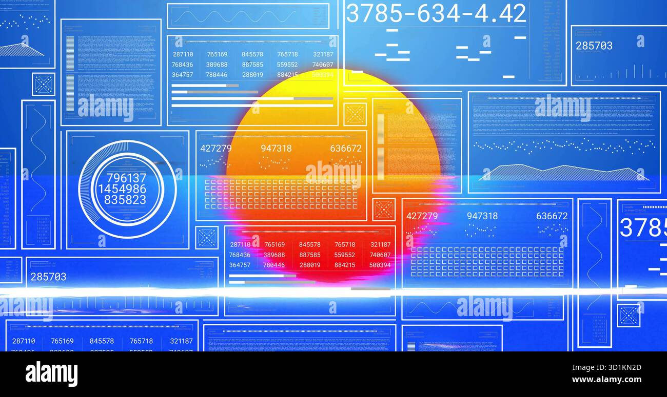 Displaying semi-circular sun graphic glowing on digital dashboard, with code panels and light flare Stock Photo