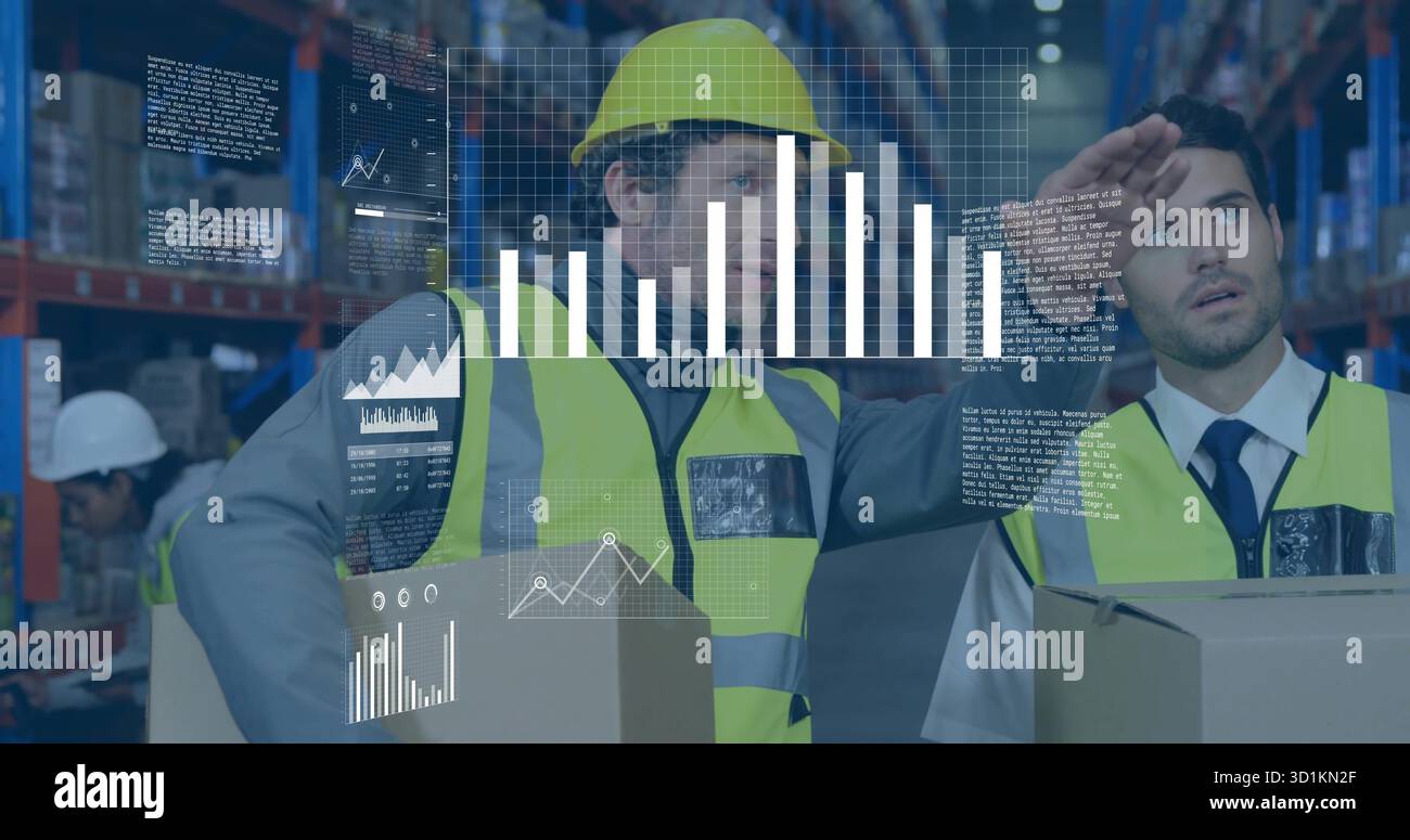 Analyzing warehouse team inspecting inventory with data overlay at distribution center, with boxes Stock Photo