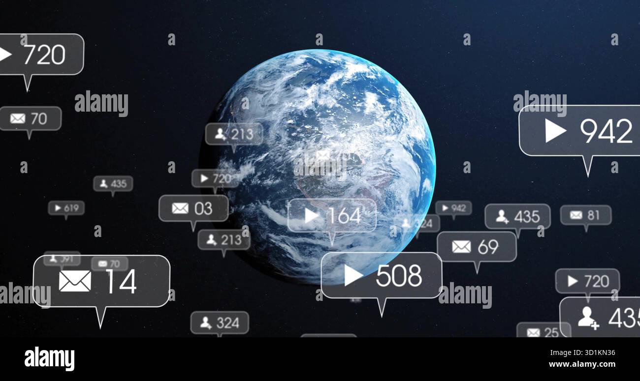 Floating 3D-rendered Earth globe rotating in deep space, with play envelope and user icon bubbles Stock Photo
