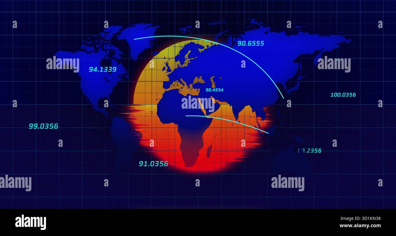Displaying gradient globe overlay over world map on blue grid, showing arrows and numeric labels Stock Photo