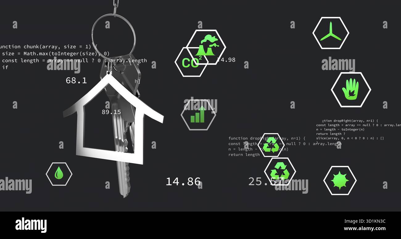 Displaying keyring with house keychain and keys on dashboard showing code and eco icons, copy space Stock Photo