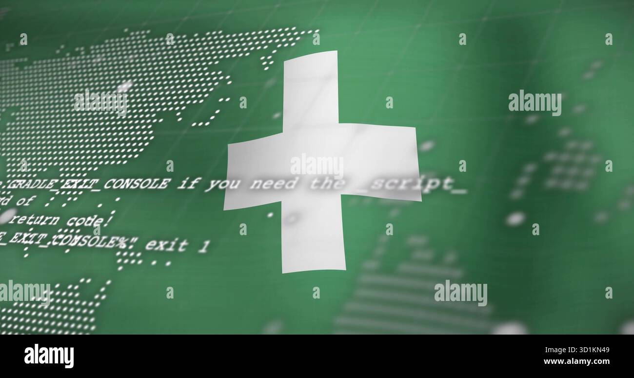 Displaying technical dashboard showing white 3D cross over dotted world map, with console text Stock Photo