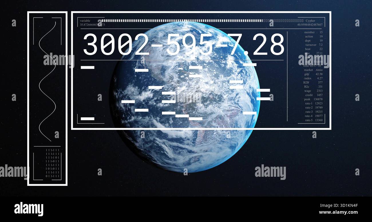 Displaying rotating Earth globe in outer space, with HUD panels displaying data streams Stock Photo
