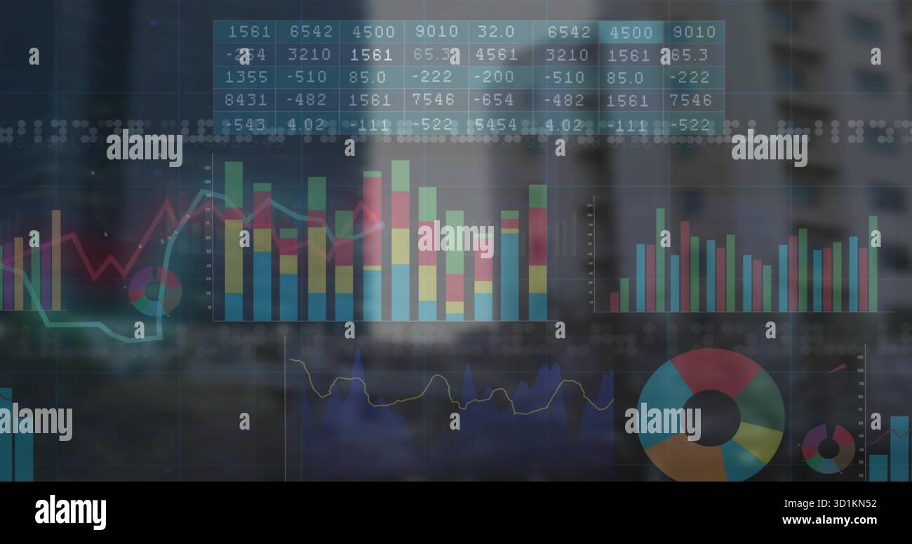 Displaying analytics dashboard overlay on office window with bar charts line graphs doughnut chart Stock Photo