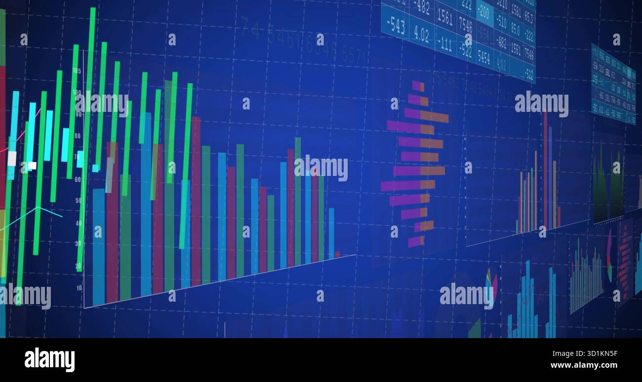 Trading dashboard displaying chart in software, with vertical bar charts, trend line and data table Stock Photo