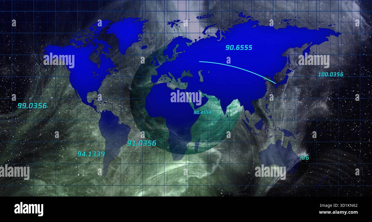 Displaying world map overlaying globe in digital visualization, with numeric coordinate labels Stock Photo