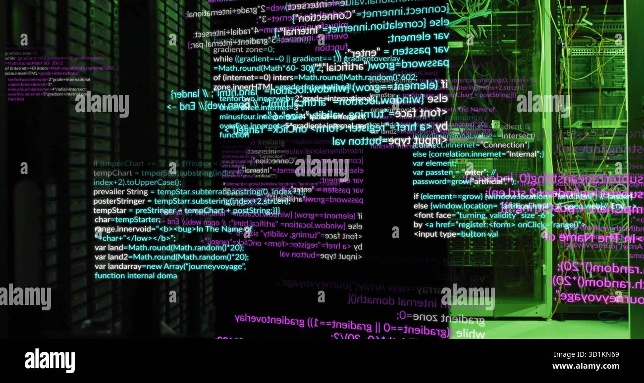 computer code image over server racks in data center... Projecting floating code overlay over server rack in data center aisle ...