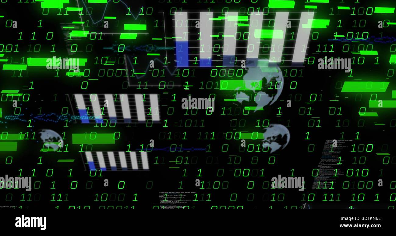 Displaying network on dark backdrop, with green binary digits, globe icons and striped bars Stock Photo