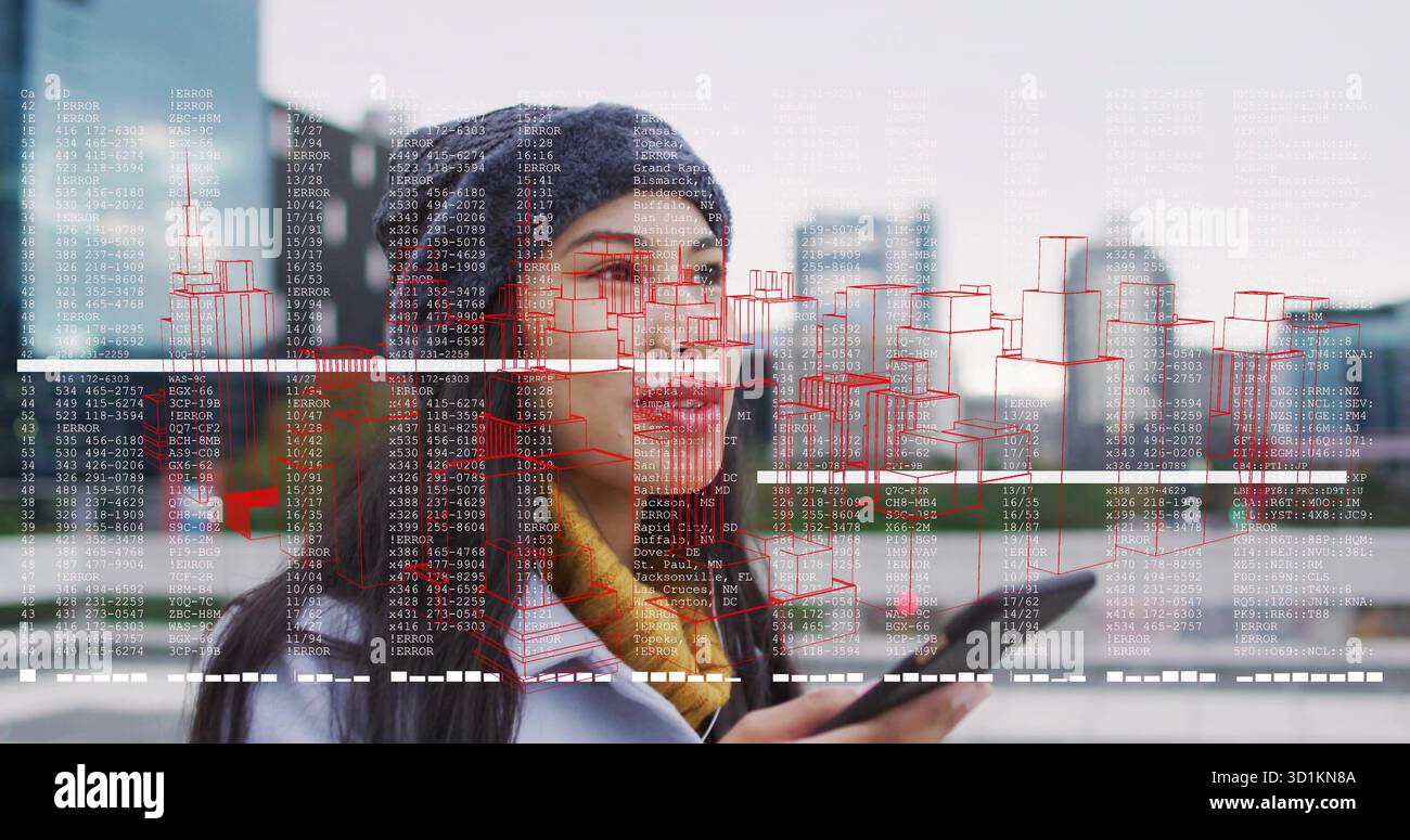 Using smartphone, woman wearing beanie scanning augmented reality ...