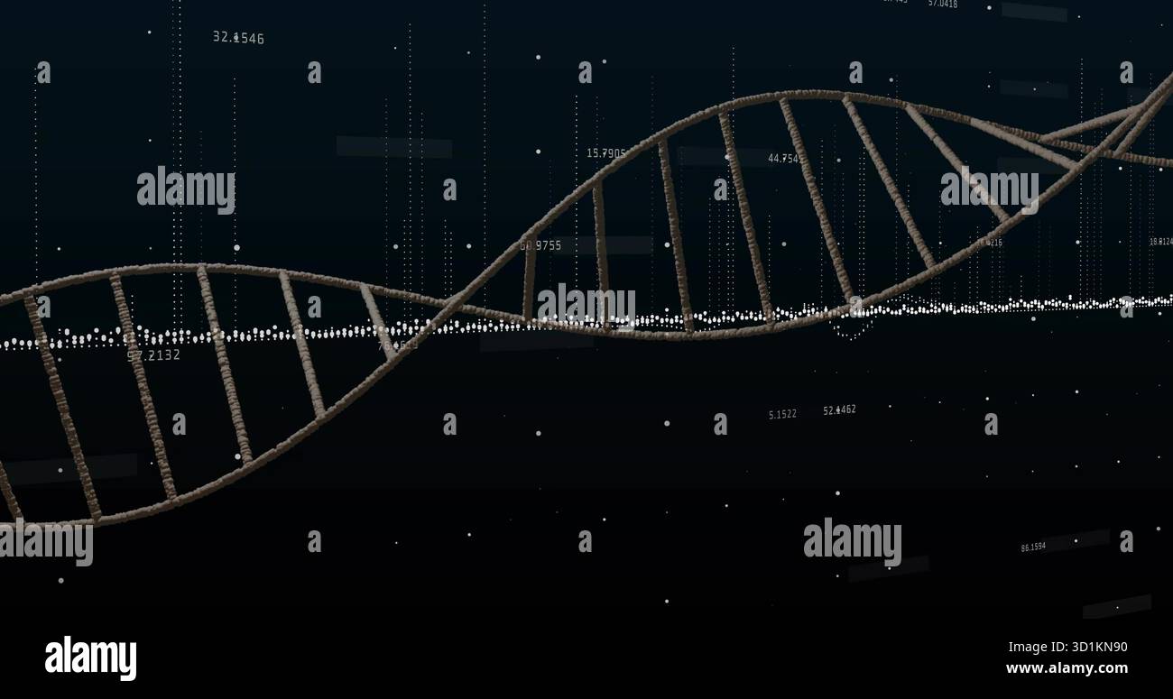 Displaying DNA helix undulating across data canvas, with glowing points and numeric grid overlays Stock Photo