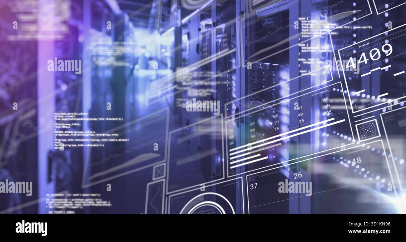 Blinking LED lights illuminating server racks in secure data center corridor, with code overlays Stock Photo