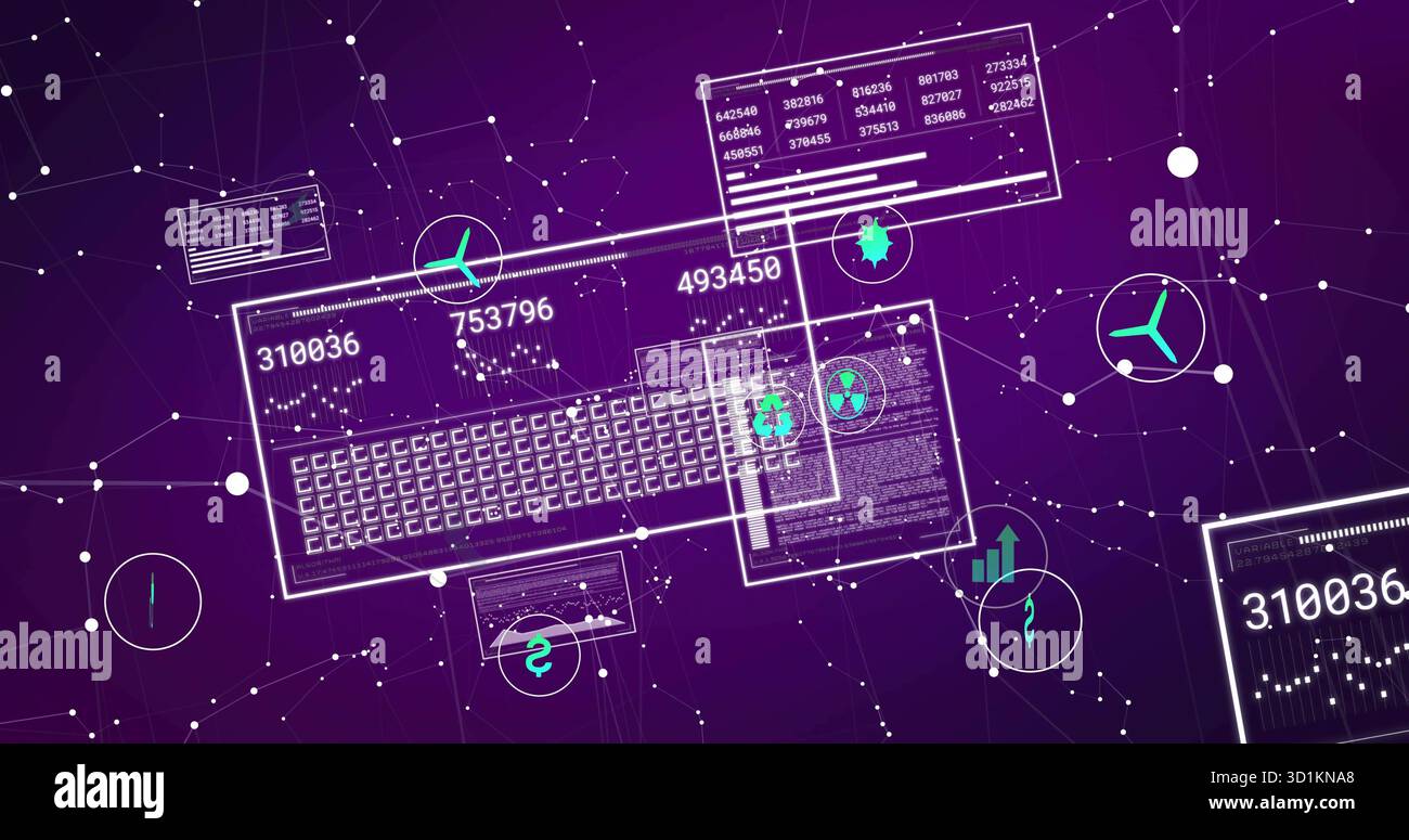 Displaying keyboard panel over purple network grid, with data windows and floating icons Stock Photo