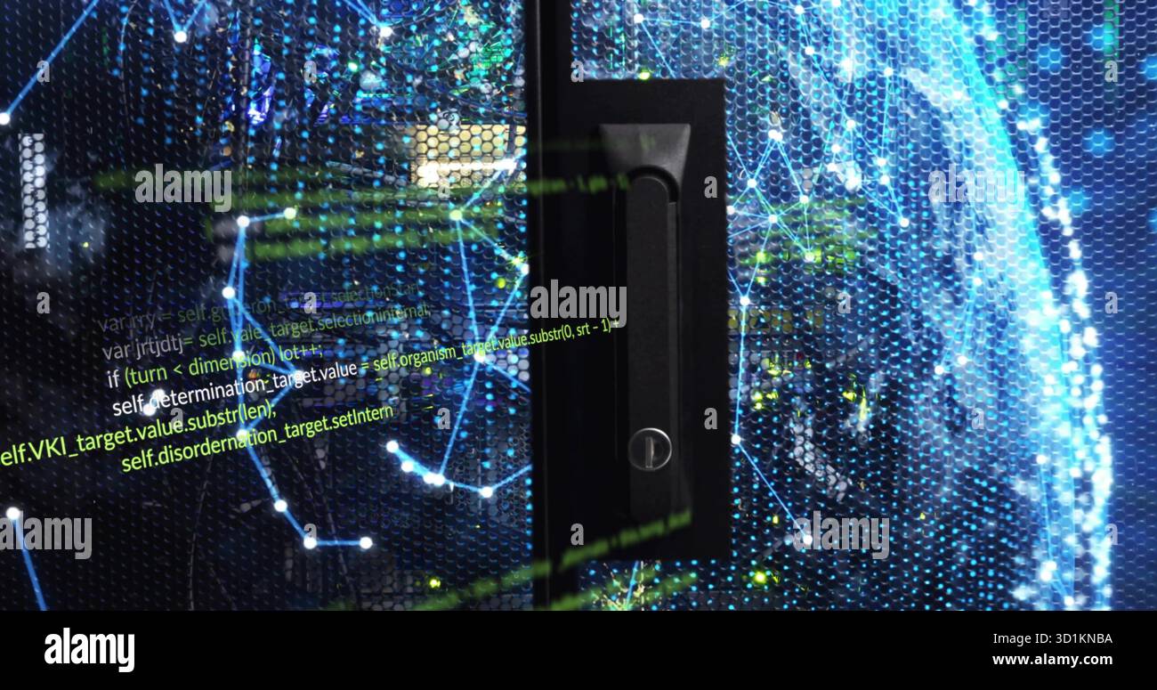 Displaying server rack door handle and keyhole in datacenter, with LED and network code overlay Stock Photo