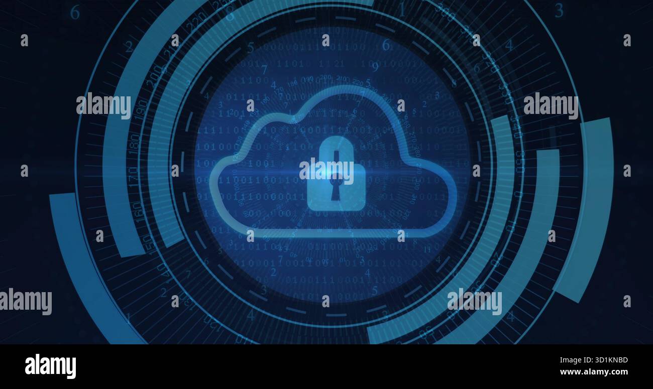 Displaying glowing cloud icon showing padlock at abstract digital interface, with binary code rings Stock Photo