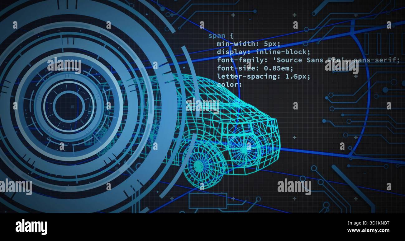 Displaying neon-blue wireframe car model in digital interface, with HUD, CSS code, and circuit grid Stock Photo